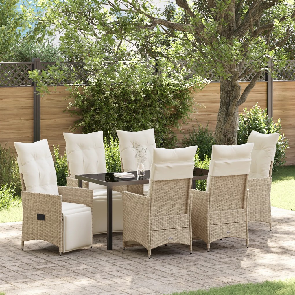 vidaXL Conjunto de Jantar de Jardim de 7 Peças com Almofadas Bege Rattan Sintético