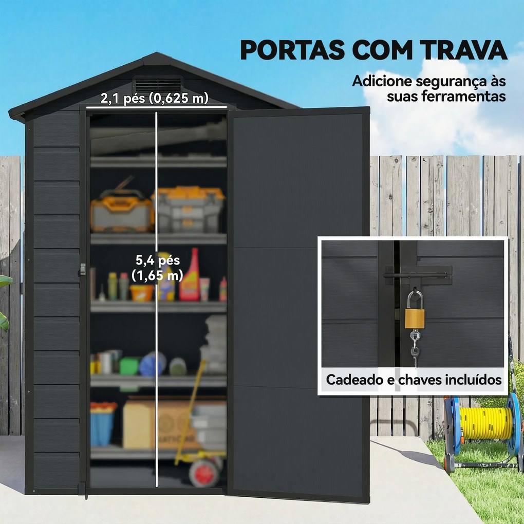 Abrigo de Jardim 1,09 m² 128x104x196 cm com Base Porta com Fechadura Janela e Ventilação, Cinzento Escuro