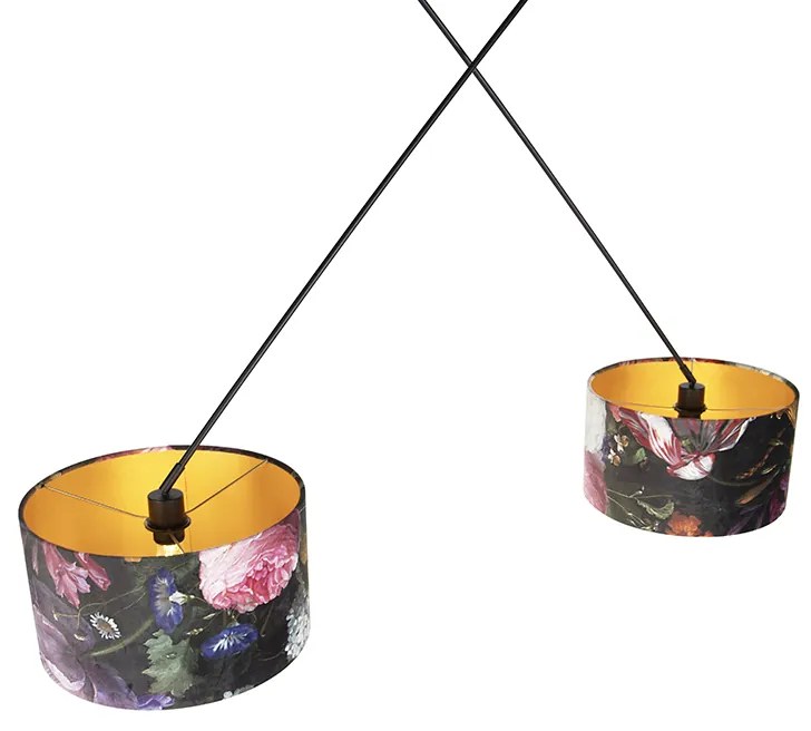 Candeeiro de suspensão com tons de veludo de flores com 35 cm ouro - Blitz II preto Clássico / Antigo,Moderno