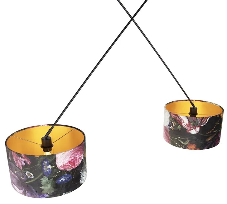 Candeeiro de suspensão preto com abajures de veludo flores com dourado 35 cm 2-luzes - Blitz Clássico / Antigo,Moderno