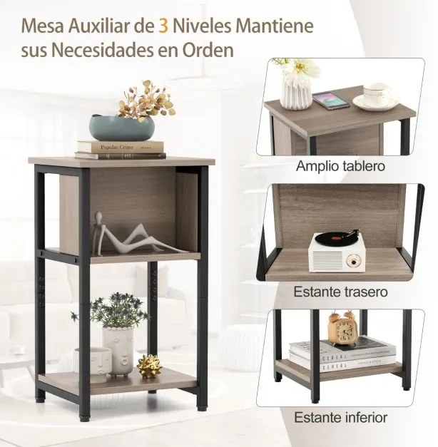 Mesa de cabeceira de 3 níveis com estação de carregamento, portas USB e tomadas eléctricas para o quarto 34 x 30 x 58,5 cm Cinzento