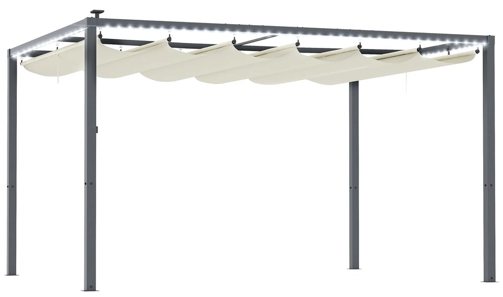 Outsunny Pérgola de Alumínio 4x3 m Pérgola de Jardim com Luzes LED Solares Teto Retrátil Impermeável Anti-UV  Creme e Cinzento