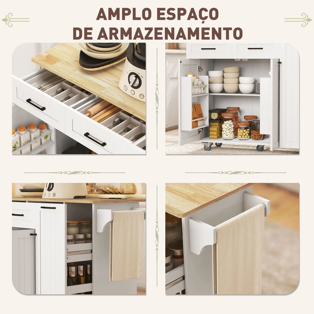 Carrinho de Cozinha, Ilha de Cozinha com Rodas com Tomada USB Bancada Rebatível 2 Gavetas 119,5x74x94,5 cm Branco