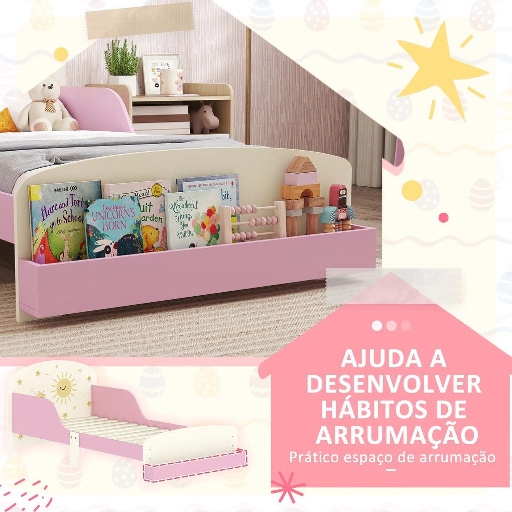 Cama Infantil para Crianças +3 Anos 70x140 cm em Madeira (Colchão não incluído) com Armazenamento e Desenhos de Estrela Rosa