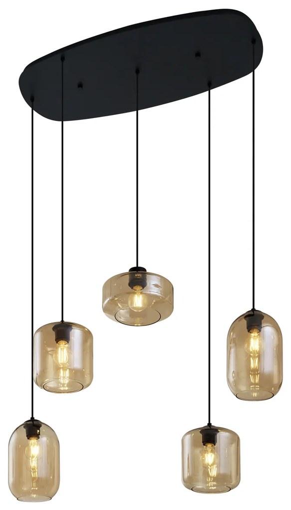 Candeeiro suspenso moderno preto com vidro âmbar 5-luzes - Sheena Moderno