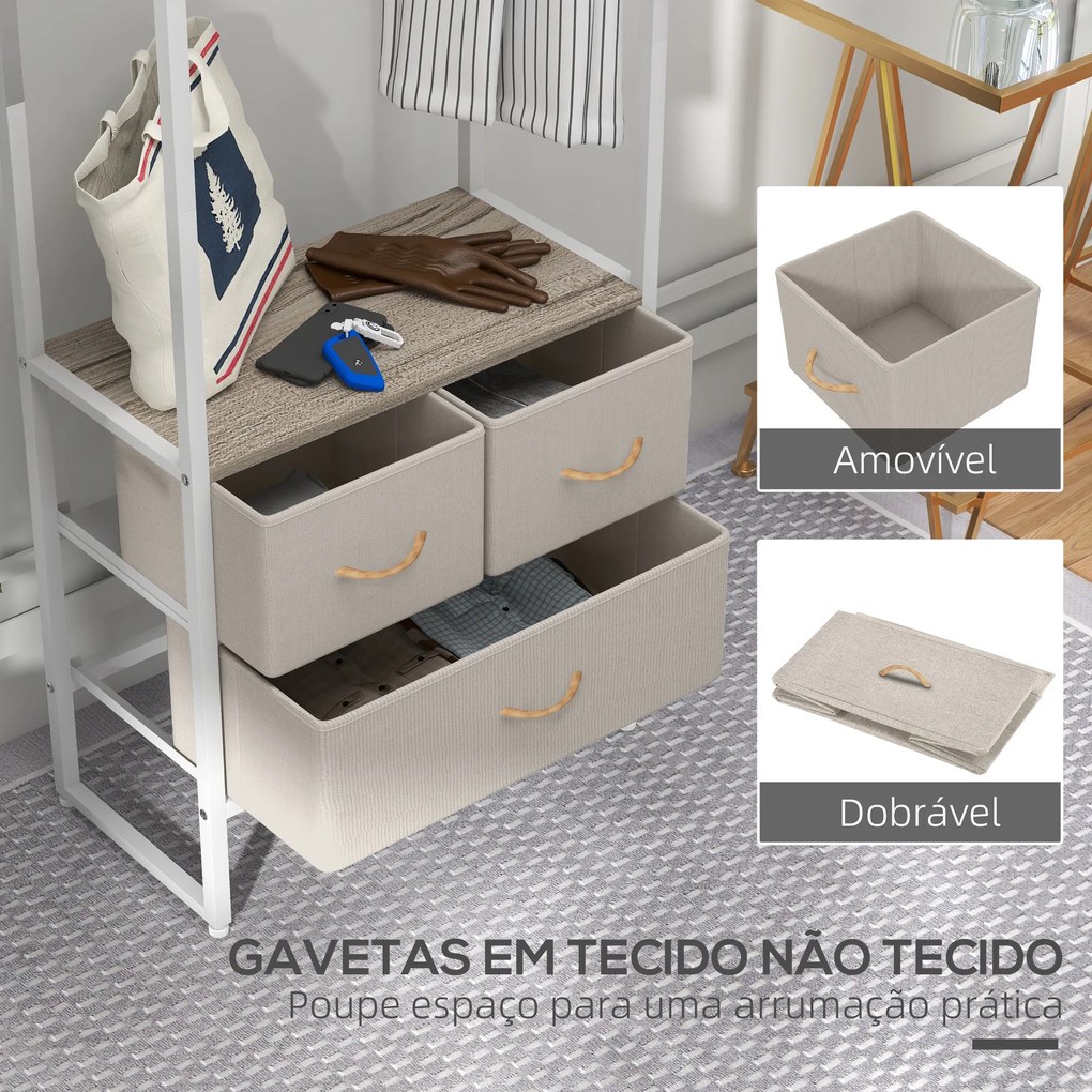 Suporte para Cabides com 3 Gavetas de Tecido Barra para Pendurar e Prateleira para Entrada Quarto 58,5x30x178 cm Natural