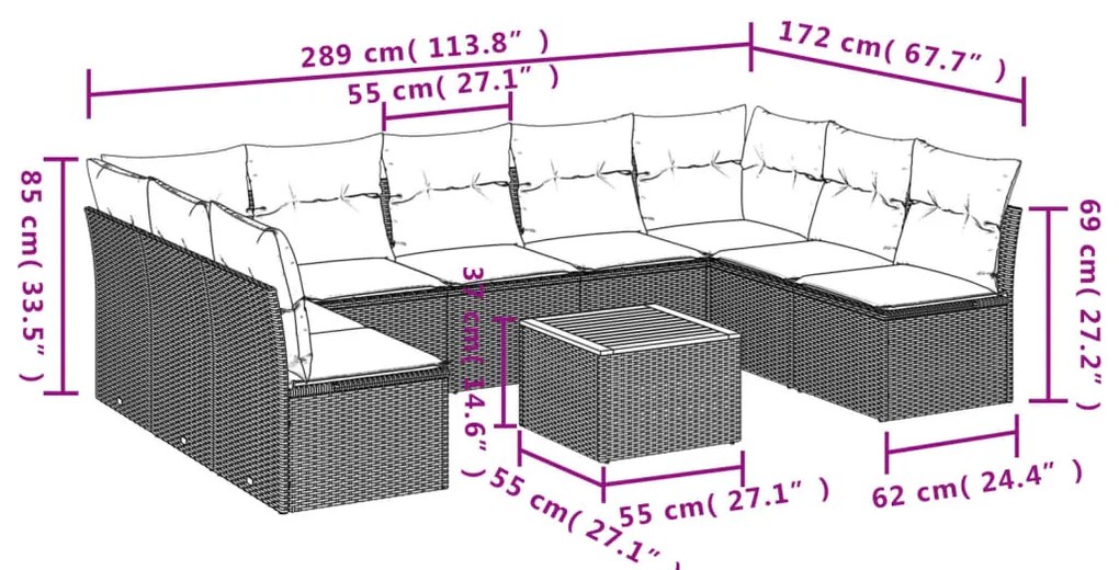 10 pcs conjunto de sofás p/ jardim com almofadões vime PE bege