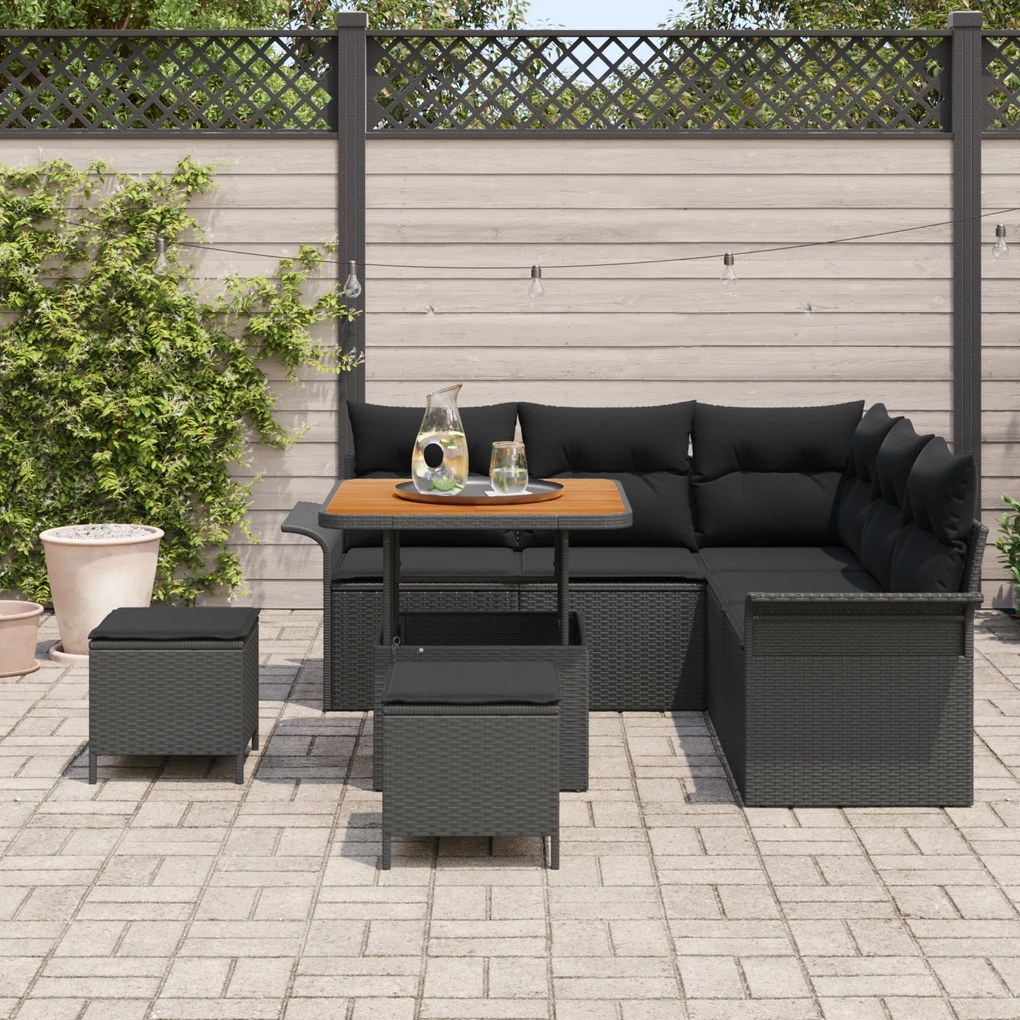 Conjunto de Sofá de Jardim de 8 Peças com Almofadas Preto Vime Poliést