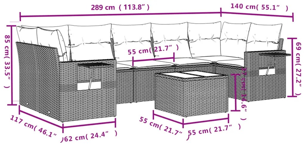 8 pcs conjunto de sofás p/ jardim com almofadões vime PE bege