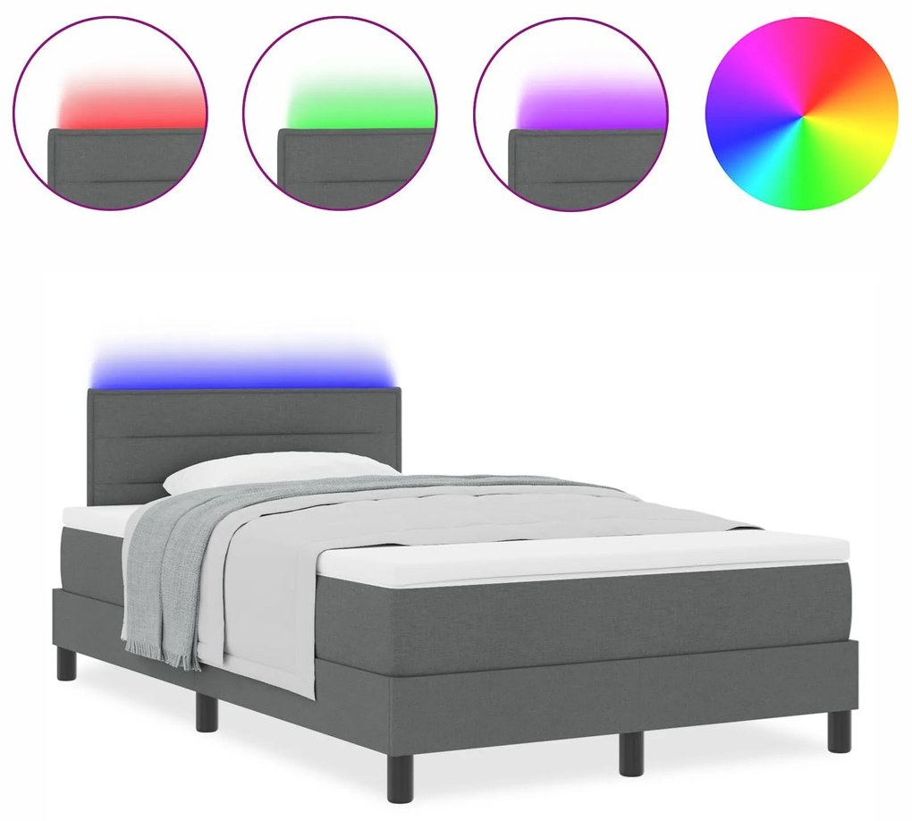 Cama Box Spring com Colchão e LED Cinza Escuro 120x200 cm Tecido