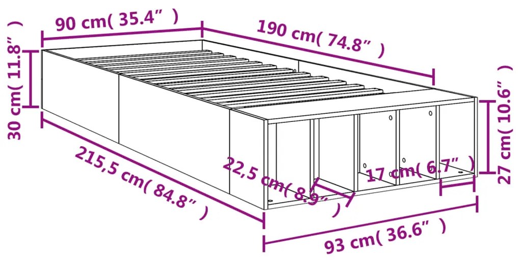 Estrutura de cama 90x190cm derivados de madeira carvalho sonoma