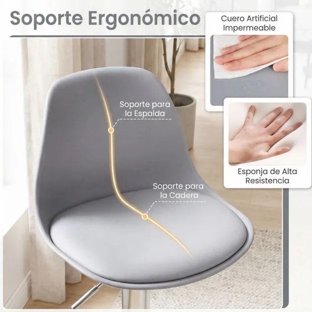 Conjunto de 2 bancos giratórios de bar com encosto ajustável em altura, estofados em couro sintético e apoio para os pés cinza e prata