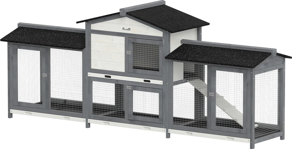 PawHut Casa para coelhos 2 andares Gaiola de madeira 230 x 53 x 93,5 cm Resistente ao inverno com telhado asfáltico Parque de passeio bandejas removíveis | Aosom Portugal