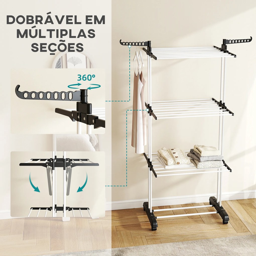 Estendal Dobrável para Roupa com Rodas Estendal Vertical de Aço com 3 Níveis Laterais Dobráveis 73x64x177cm Preto e Branco