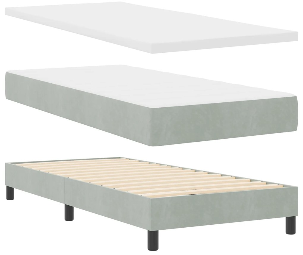 Cama Box Spring com Colchão Cinza Claro Solteiro Veludo