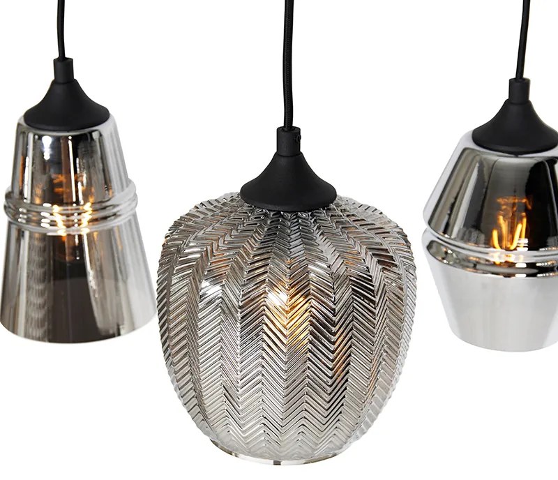 Candeeiro de suspensão Art Deco preto com vidro fumê 8 luzes - Hanne Art Deco