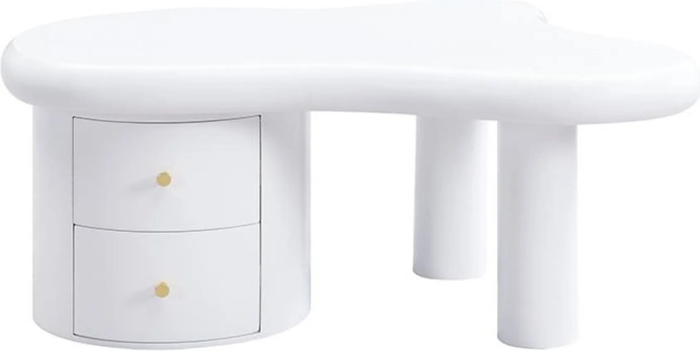 Mesa de centro com forma irregular, 2 gavetas, 97x64x42 cm, Branco