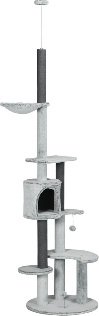 PawHut Arranhador com tensor de teto, rede, casinha, plataformas, bola de brincar, 225-255cm, Cinza | Aosom Portugal