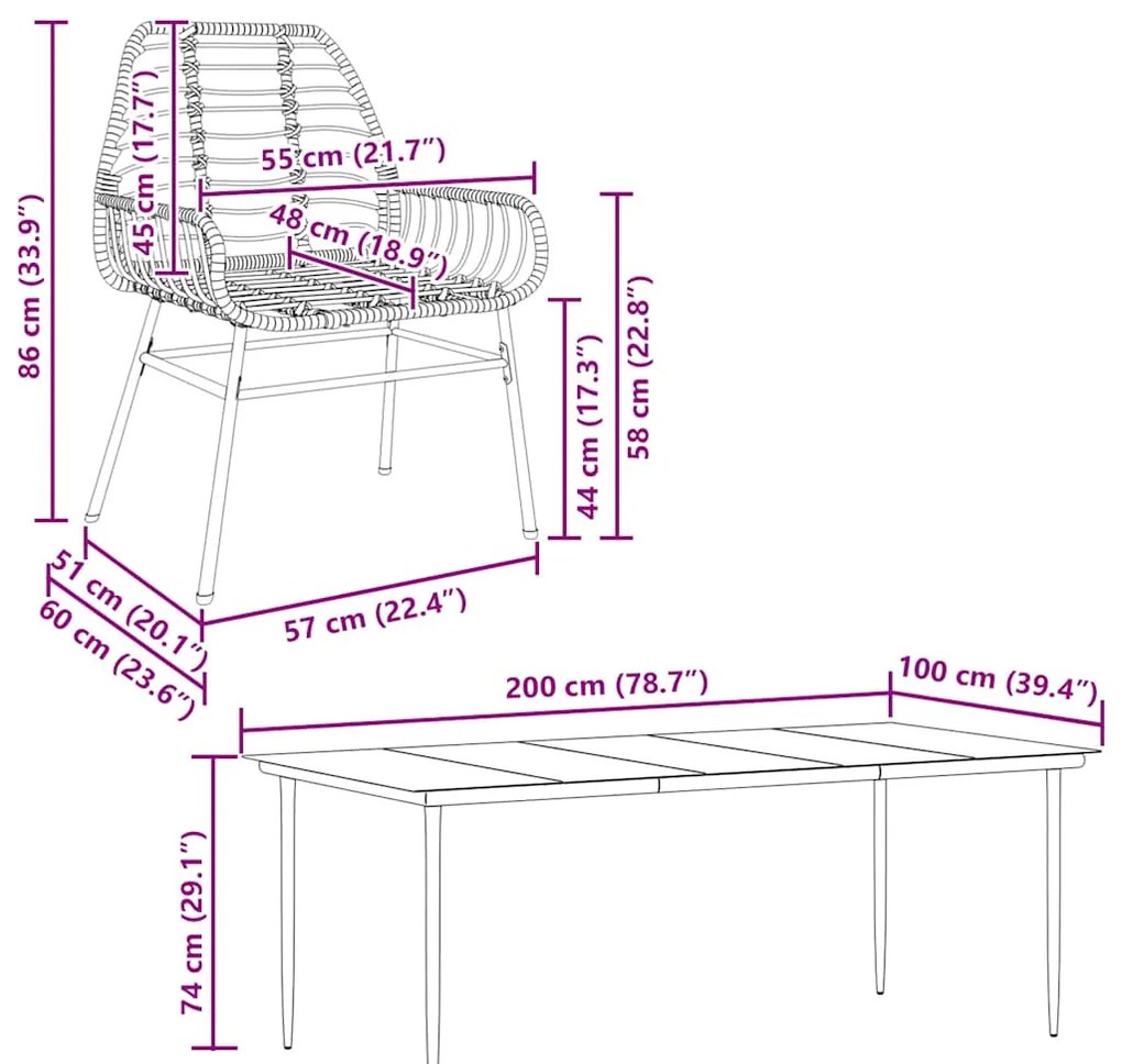 Conjunto jantar jardim 7 peças vidro vime PE castanho