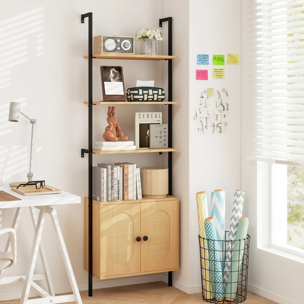 Estante de parede 60 x 30 x 184 cm 3 níveis com armário de rattan, forma de escada para montagem na parede Natural e preto