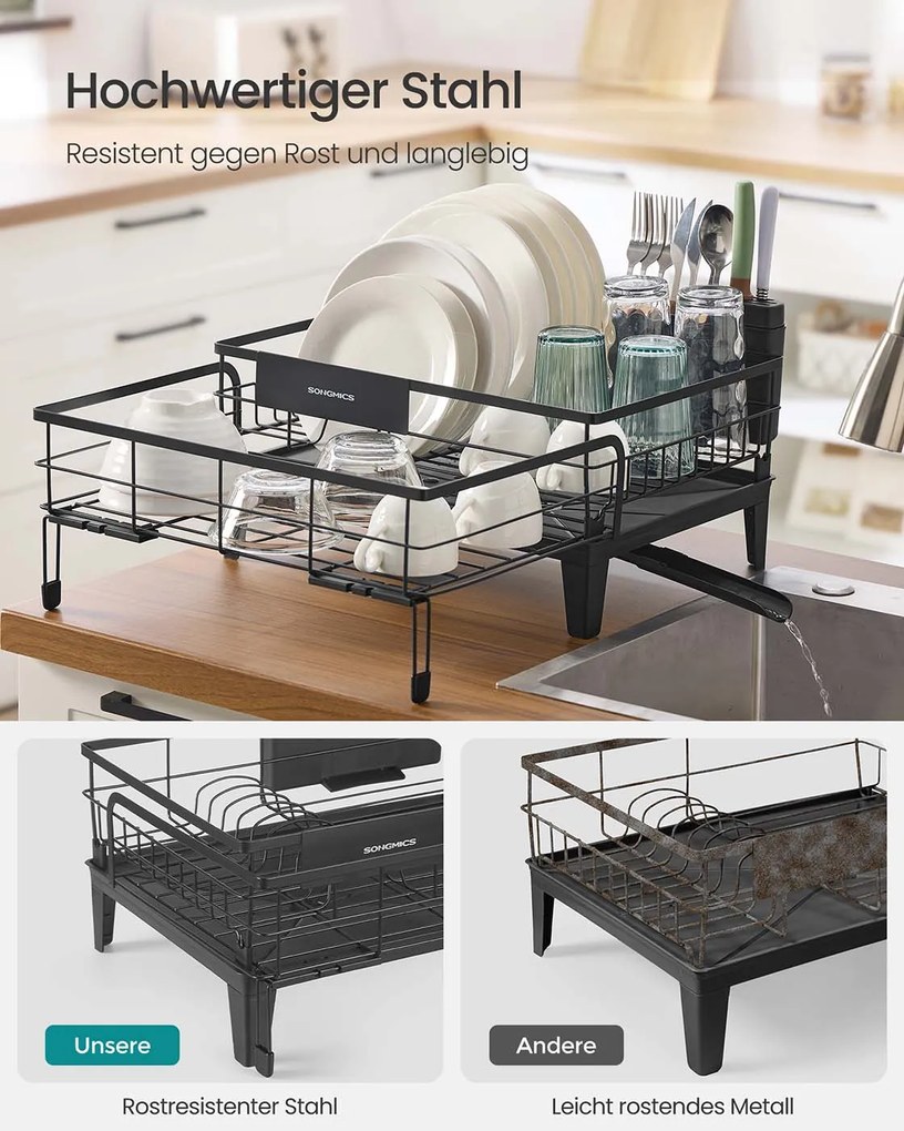 Escorredor de louça com tapete de silicone e ralo (31-56) x 42 x 20 cm preto