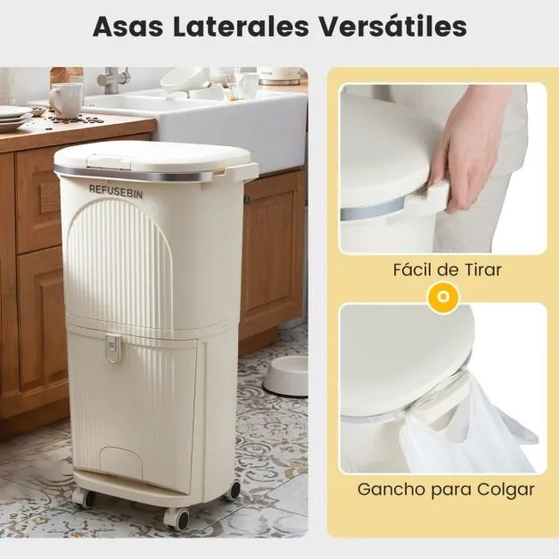 Caixote do lixo de 38 L com dupla camada, 2 caixotes removíveis, pedal e rodas para sala, cozinha e casa de banho, bege