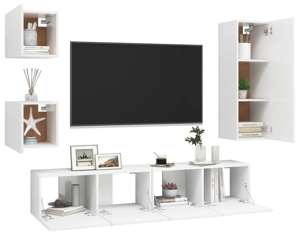 5 pcs conjunto de móveis de TV derivados de madeira branco