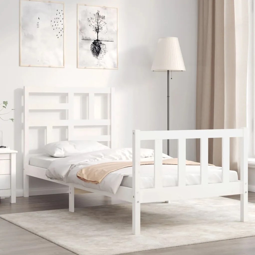 Estrutura de cama com cabeceira 100x200cm madeira maciça branco