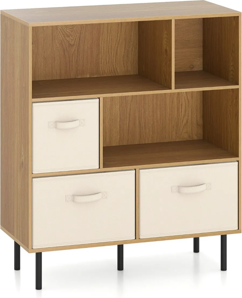 Estante com 6 cubos 90 x 40 x 105 cm e com 3 gavetas de tecido dobráveis e removíveis moderno Natural