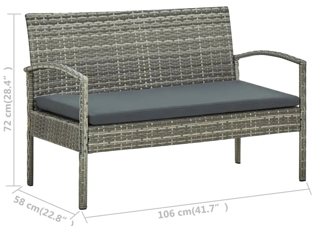 4 pcs conjunto lounge de jardim c/ almofadões vime PE cinzento