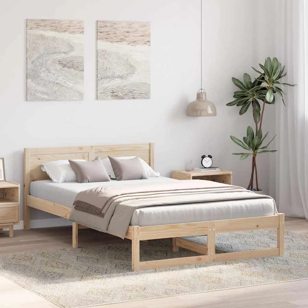 Estrutura de Cama Natural Madeira de Pinho Maciço 140 x 190 cm