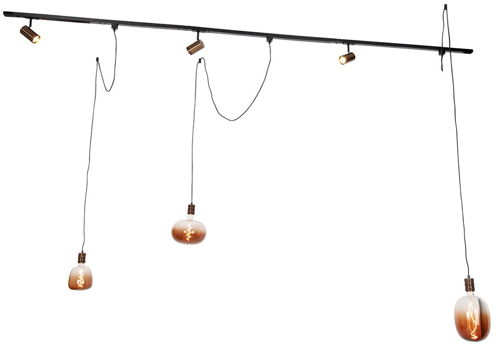 Sistema de calhas monofásico com 3 focos e candeeiros pendentes bronze escuro - Cavalux Jeana
