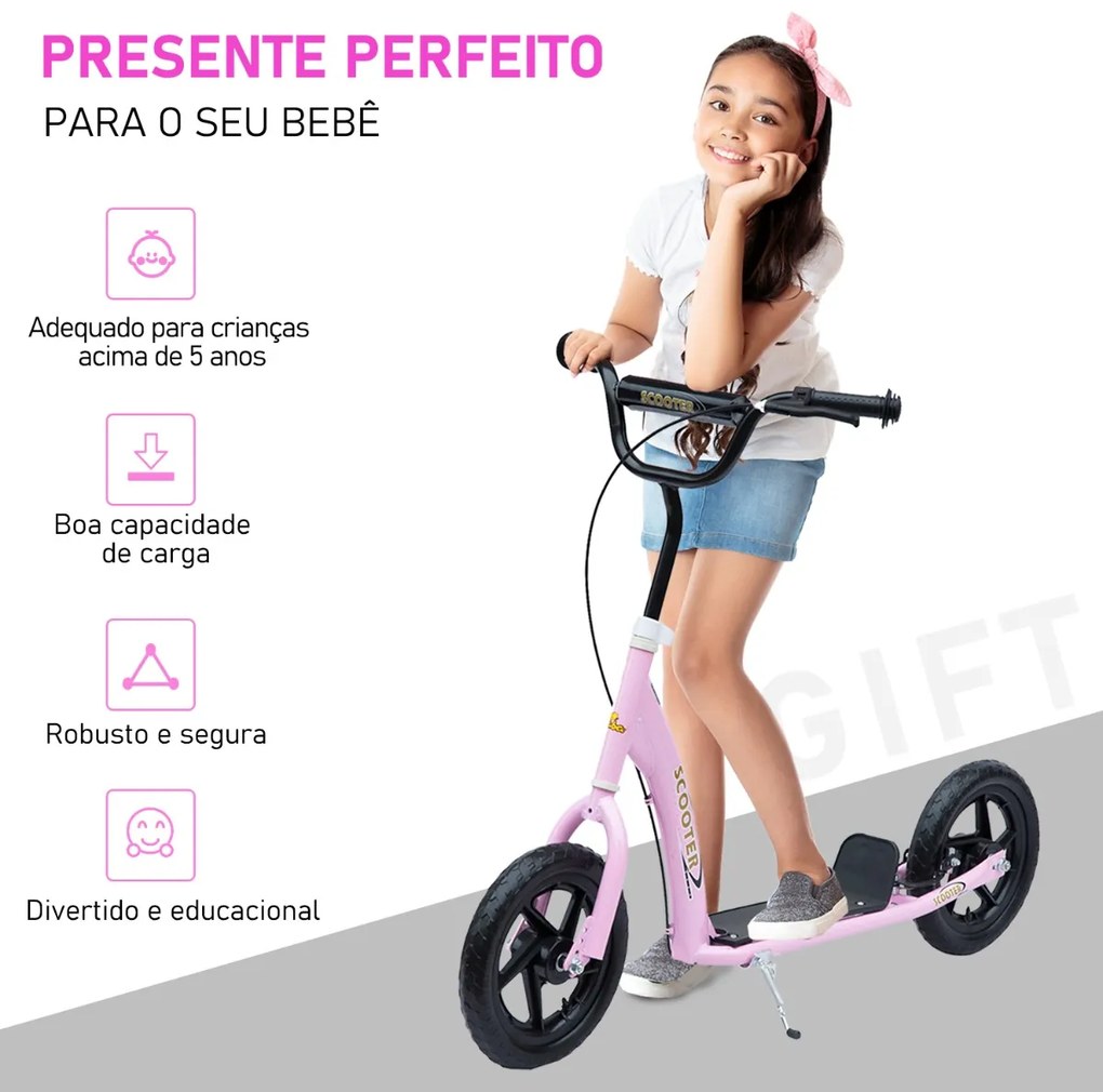 Trotinete para Crianças acima de 5 anos Scooter de 2 Rodas Grandes de 12 Polegadas com Freio e Guidão Ajustável em Altura Carga Máx. 100kg 120x52x80-8