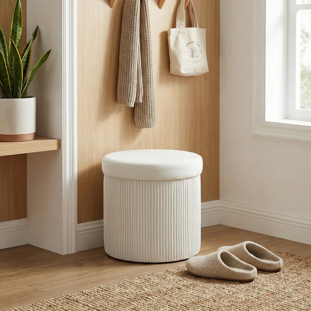 Puff de Arrumação Banco de Arrumação Dobrável 35 L 38x38x38 cm Estofado em Veludo Baú de Arrumação Redondo Creme