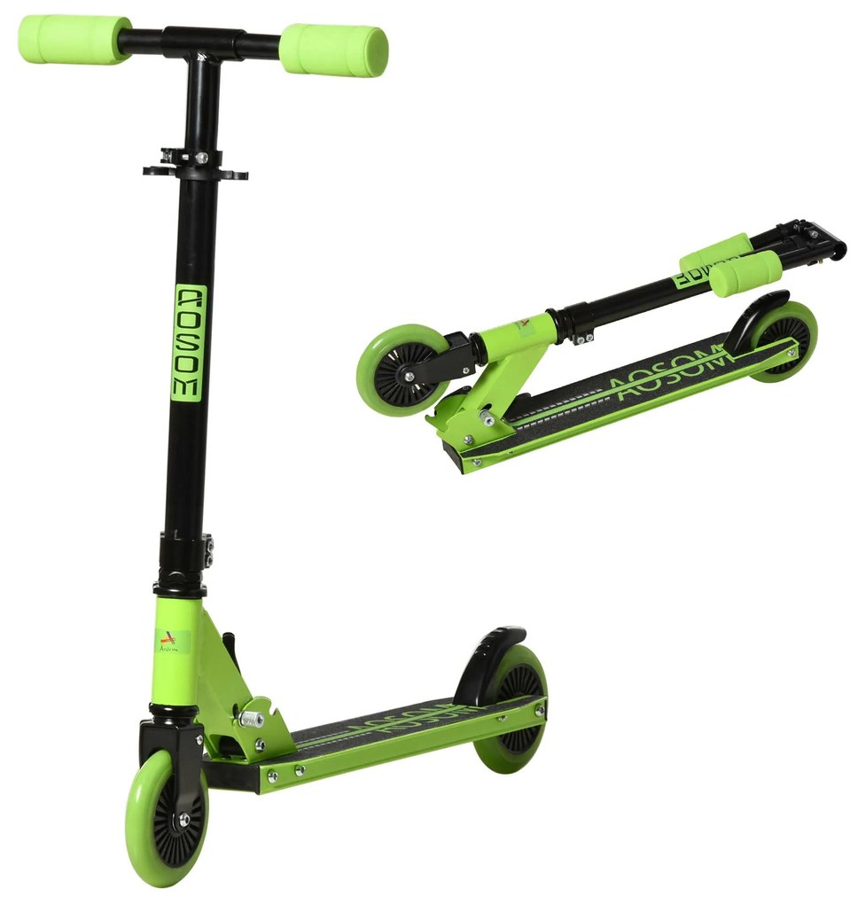 HOMCOM Trotinete Dobrável 2 Rodas Pedal Antiderrapante Carga 50kg para Crianças +3 Anos 67,7x34x79,5-89,5cm Verde