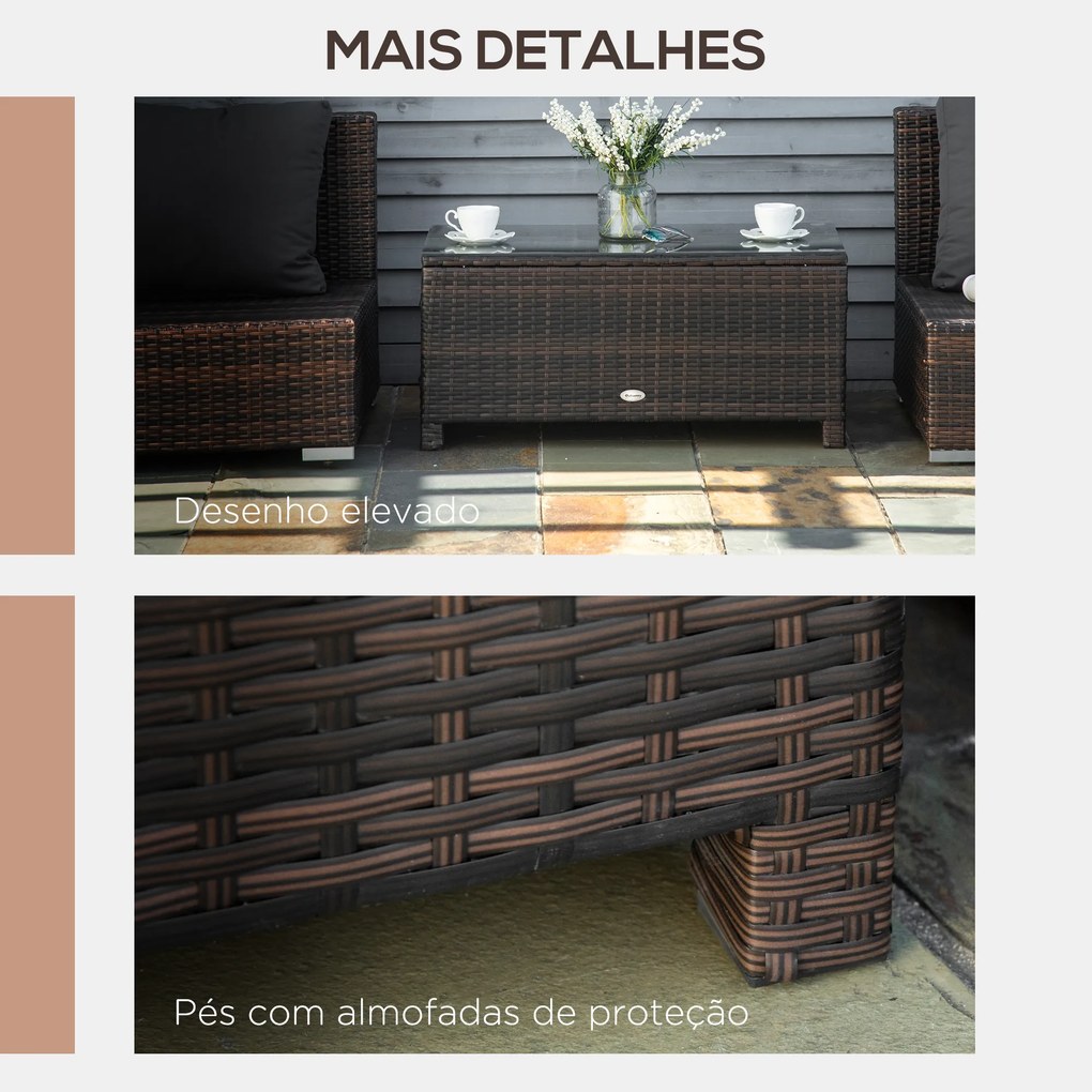 Mesa de Centro Jardim de Vime Sintético Mesa de Apoio para Exterior com Vidro Temperado 85x50x39 cm Castanho