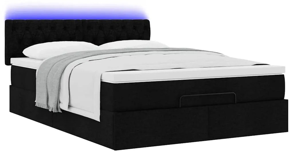Cama Otomana com Colchão &amp; LEDs Preto 140x200 cm Tecido