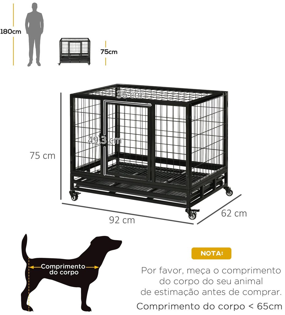 PawHut Gaiola de Metal para Cães com Rodas e Freios Bandeja Removível