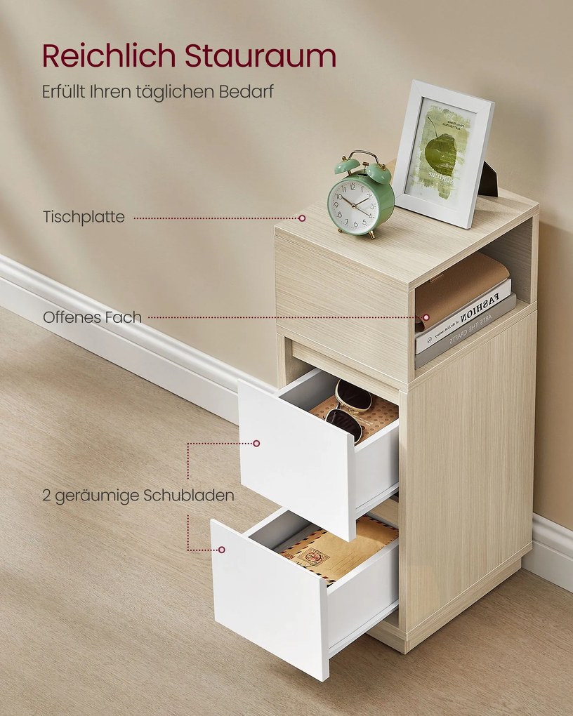 Mesa de cabeceira estreita com 2 gavetas 30 x 25 x 65 cm bege natural e branco nuvem