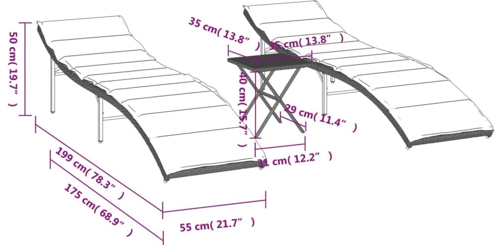 Espreguiçadeiras com mesa 2 pcs vime PE cinzento-claro