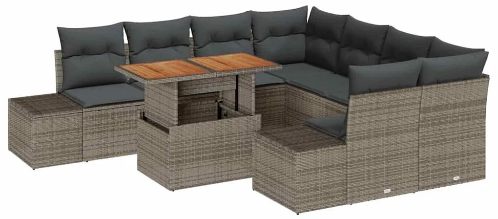 Conjunto de Jantar de Jardim 9 Peças com Almofadas Cinzas em Rattan Ac