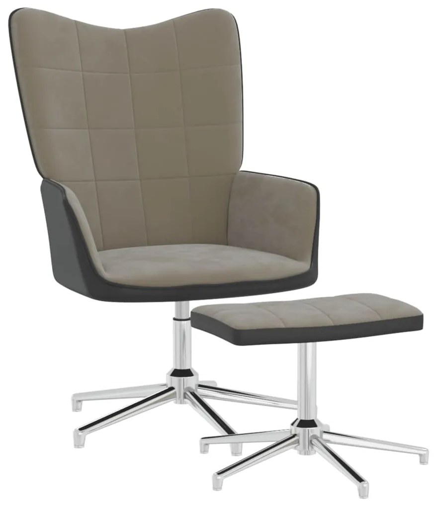 327864 vidaXL Cadeira de descanso com banco PVC e veludo cinzento-claro