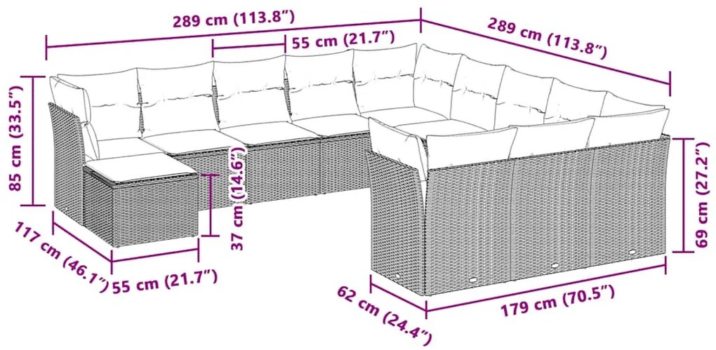 12 pcs conj. sofás jardim com almofadões vime PE cinzento-claro