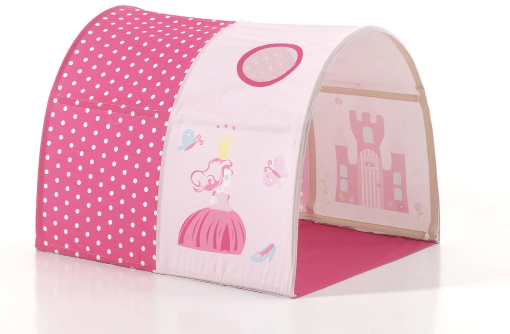 Conjunto cama alta Infantil SCOTT + cortina de brincar PRINCESAS + Túnel + 3 bolsos de arrumação Branca