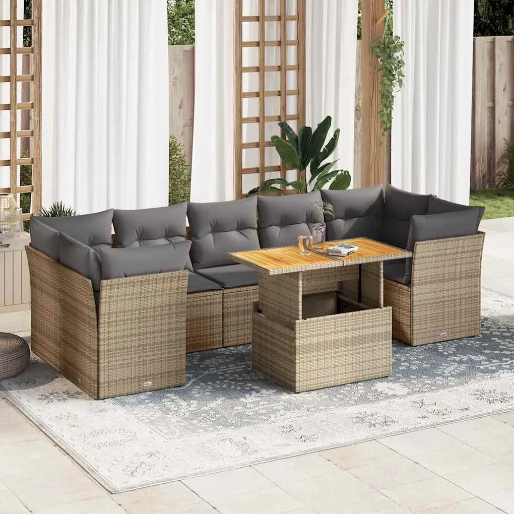 8 pcs conjunto de sofás p/ jardim com almofadões vime PE bege