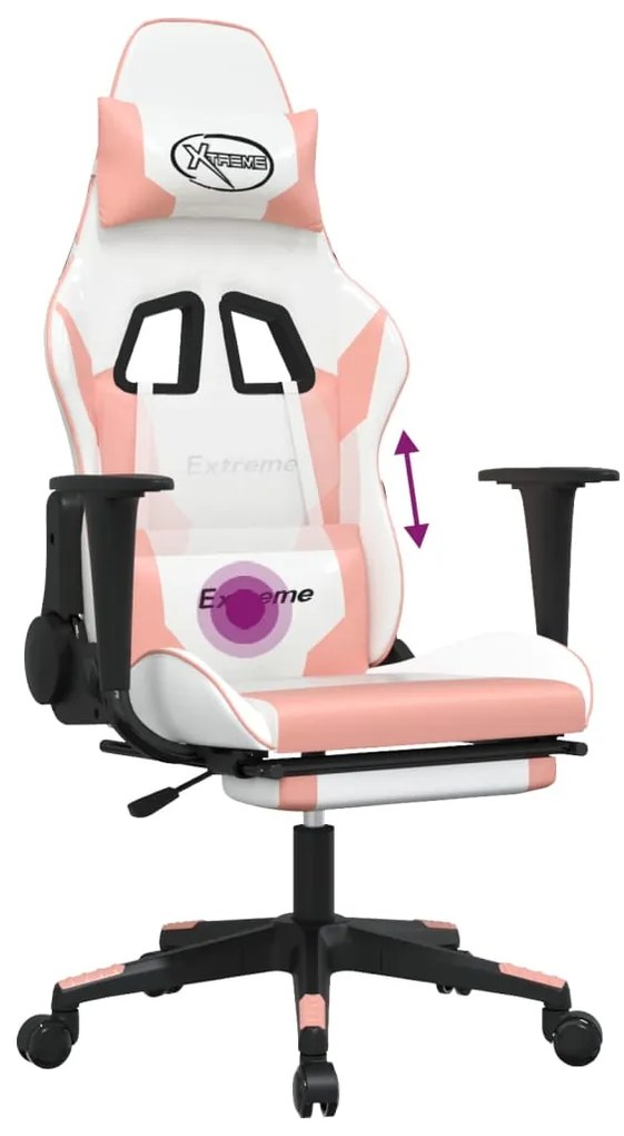 Cadeira gaming massagens c/ apoio pés couro artif. branco/rosa