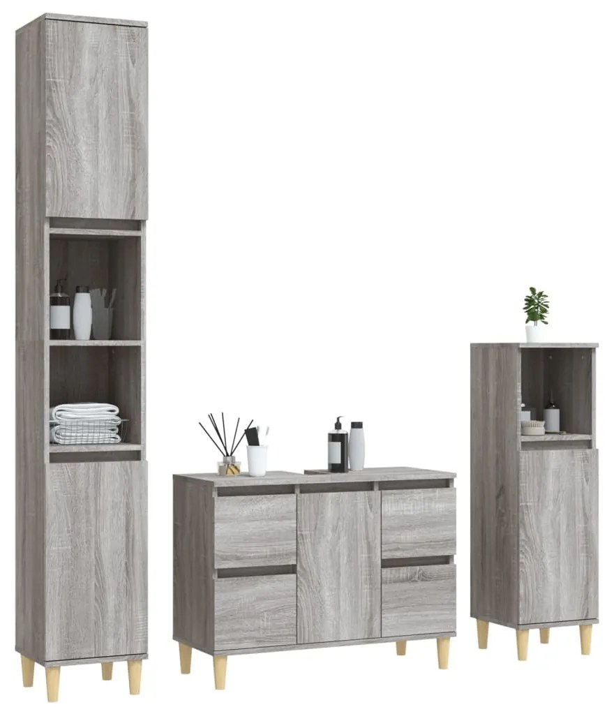 3 pcs Conjunto móveis casa de banho madeira proc. cinza sonoma