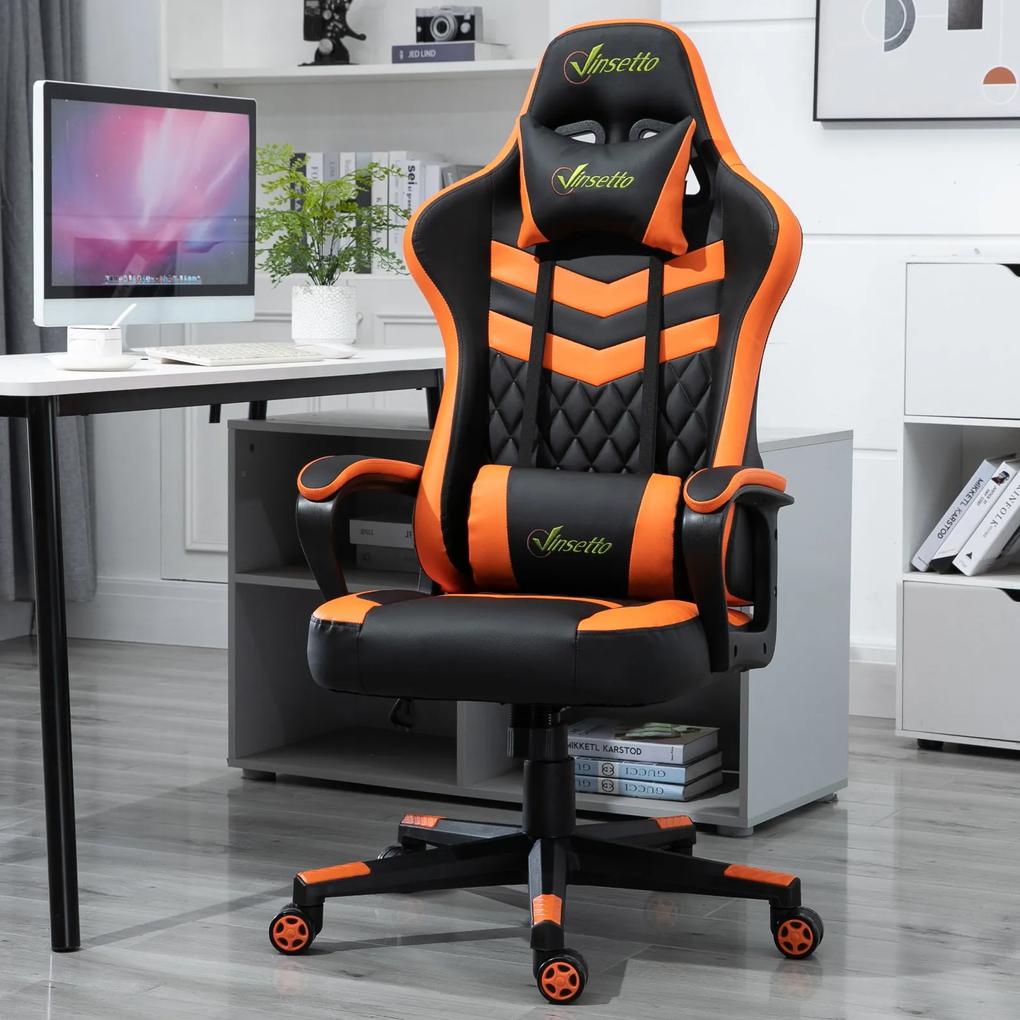 Vinsetto Cadeira gaming ergonômica para escritório Altura ajustável Reclinável Rotativo com apoio de cabeça Almofada lombar 61x70x121-129 cm Laranja