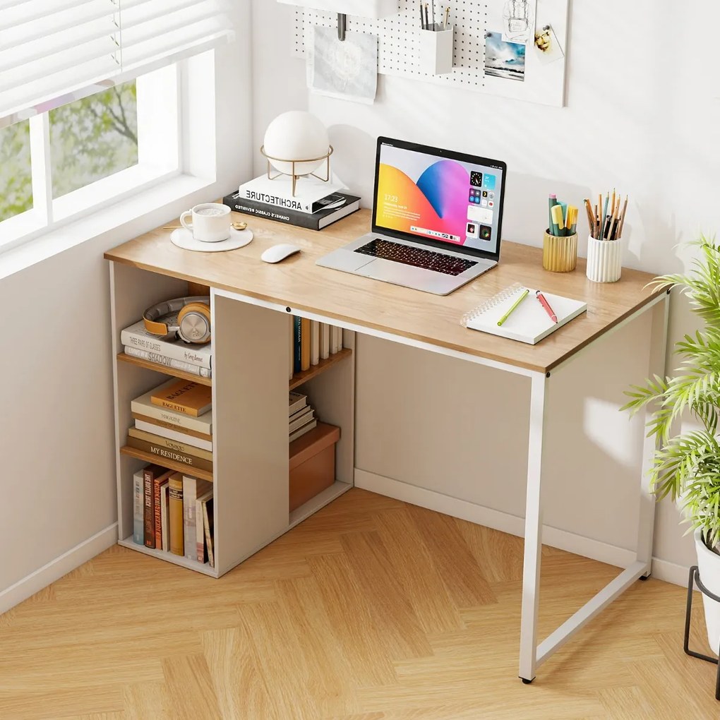 Secretária para computador moderna para escritório em casa 115 x 59 x 75 cm com 5 compartimentos de armazenamento Natural