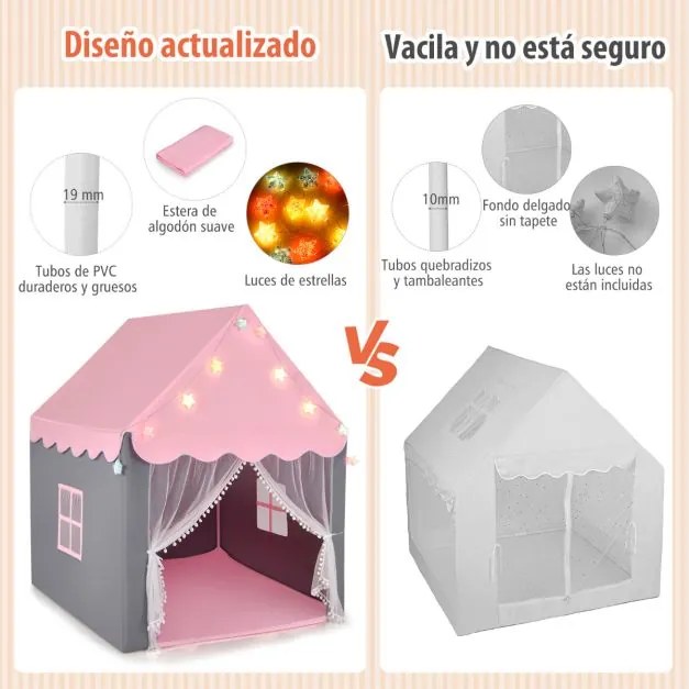 Tenda para crianças com tapete lavável Castelo de fadas com luzes Janelas 105 x 121 x 136 cm Rosa